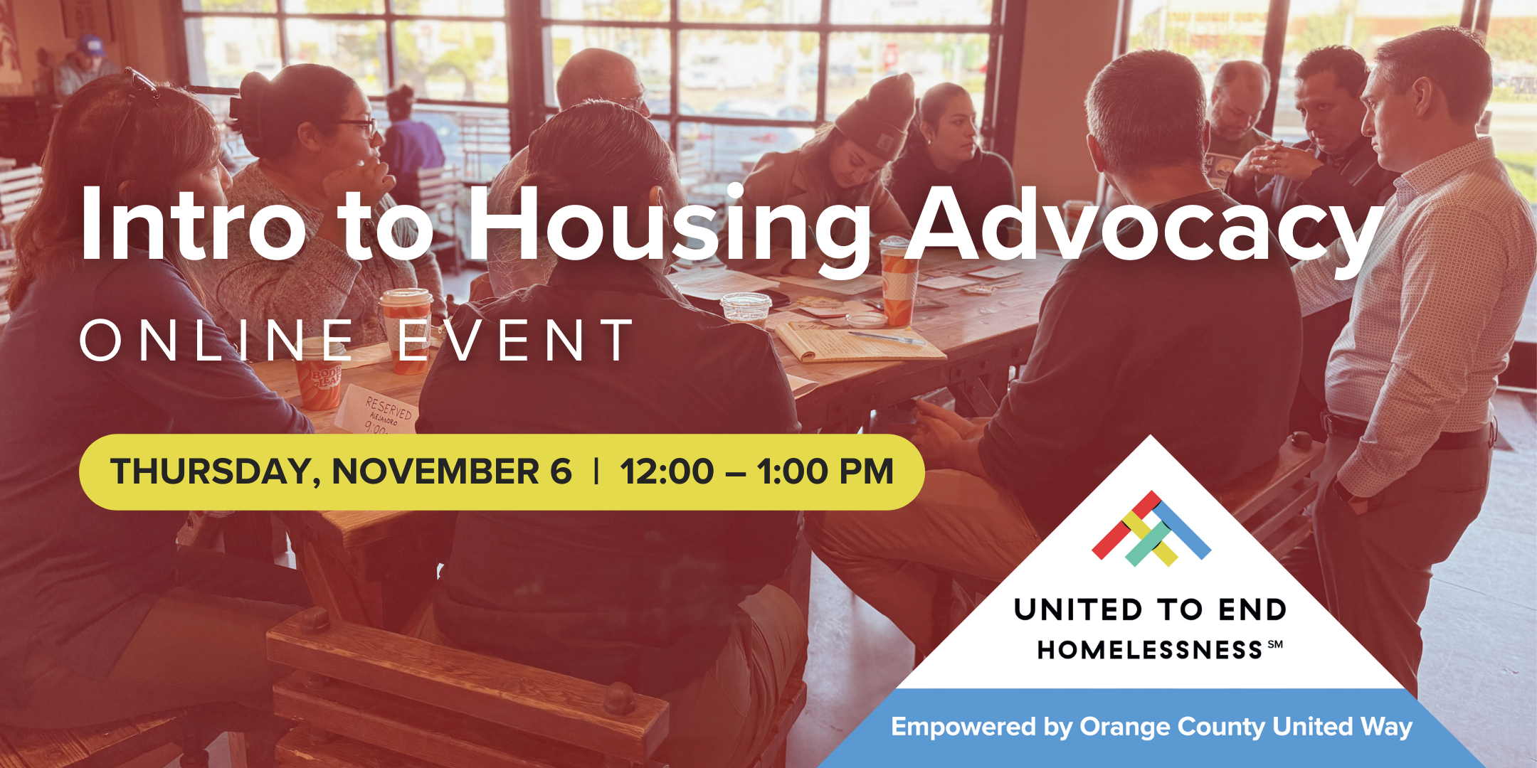 Intro to Housing Advocacy online event by United to End Homelessness, November 6, 12:00–1:00 PM.