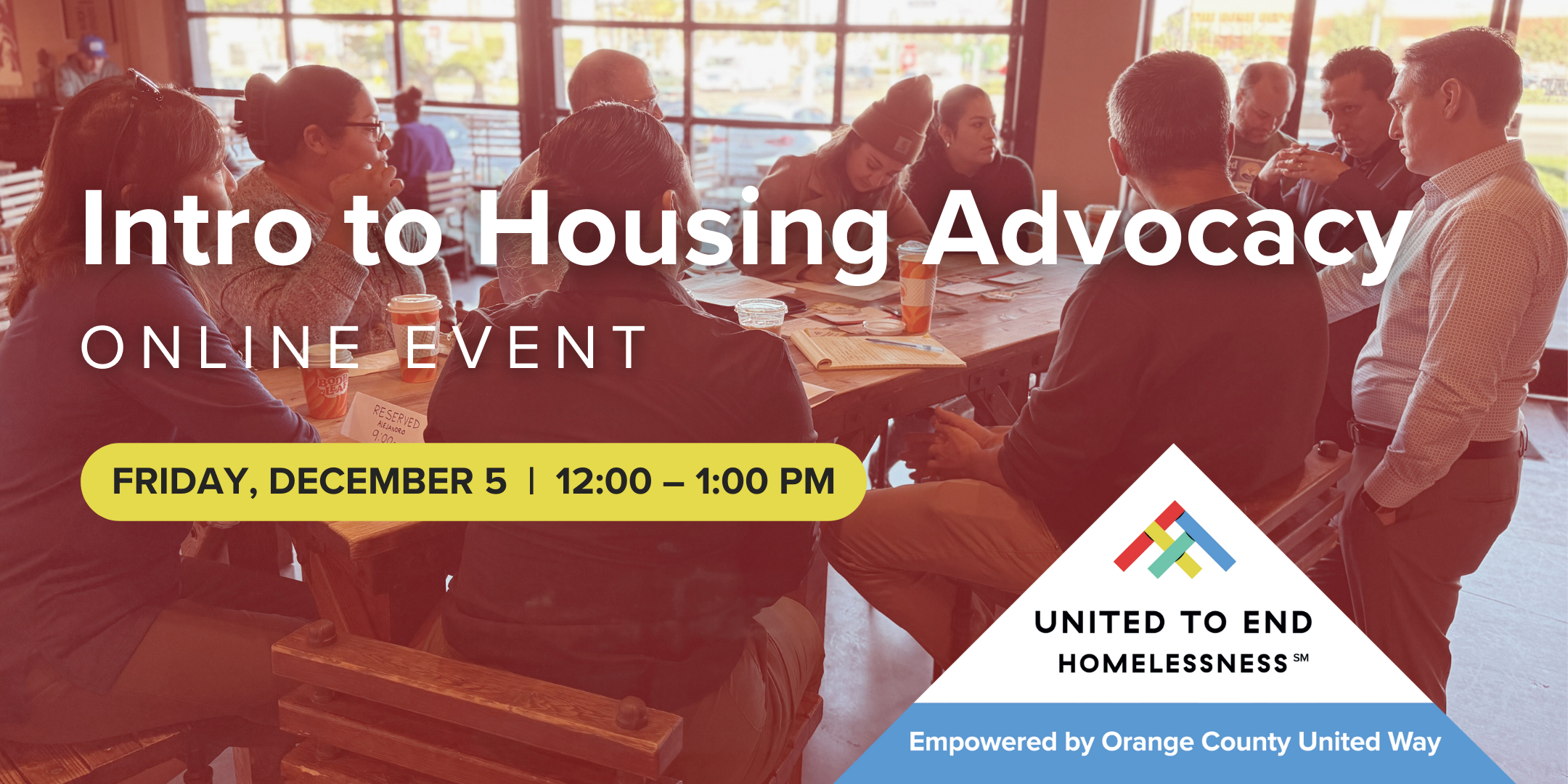Intro to Housing Advocacy online event by United to End Homelessness, December 5, 12:00–1:00 PM.