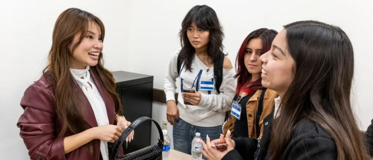 Nina Barber, executive director of Norooz Clinic Foundation, speaks to student during Career Connections Day at Fullerton College in Fullerton, CA on Wednesday, December 3, 2025. The United for Student Success program brought in high school students for a day of career learning and networking. (Photo by Paul Bersebach, Orange County Register/SCNG)